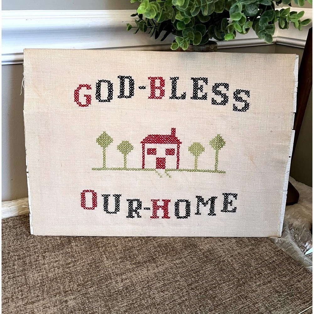 Cross Stitch God‎ Bless Our Home Vintage Art Piece